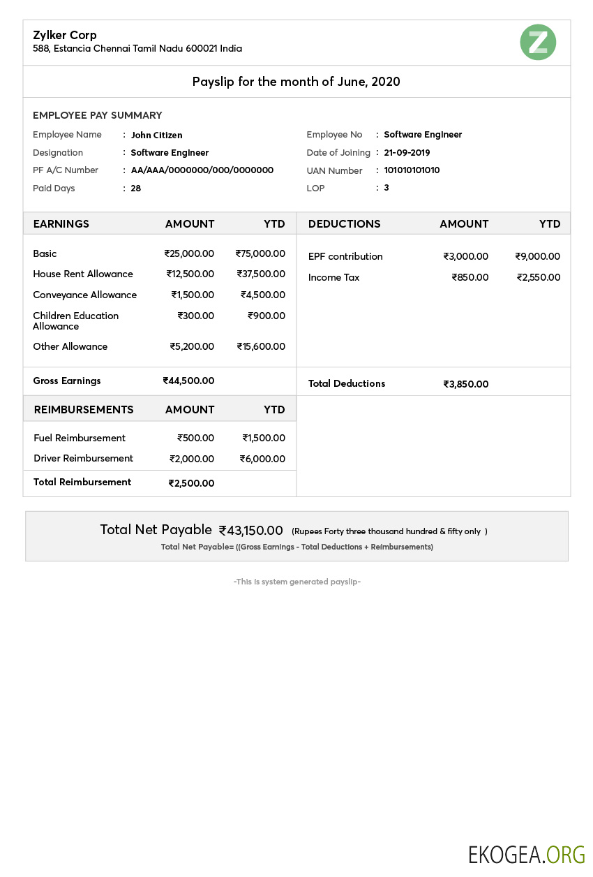 Modèle de fiche de paie de la société INDIA ZYLKER aux formats Word et PDF